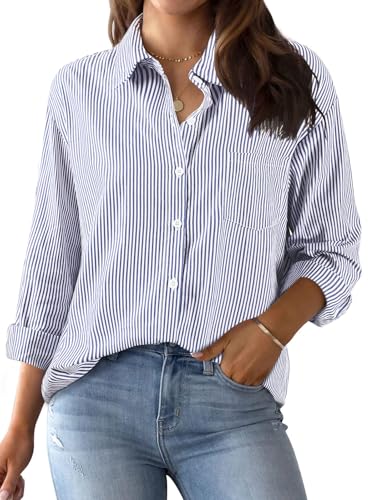 Xnova Bluse Damen Langarm Gestreifte, V Ausschnitt Button Down Hemd Oberteile Tops Baumwolle Streifenbluse, Elegante Hemdbluse Blusenshirt Casual Büro Basic Shirt Business Outfit (Blau, XL) von Xnova