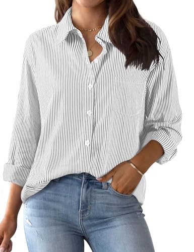 Xnova Bluse Damen Langarm Gestreifte, V Ausschnitt Button Down Hemd Oberteile Tops Baumwolle Streifenbluse, Elegante Hemdbluse Blusenshirt Casual Büro Basic Shirt Business Outfit (Grau, S) von Xnova