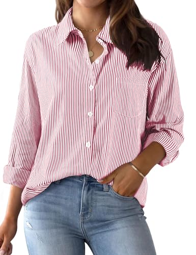 Xnova Bluse Damen Langarm Gestreifte, V Ausschnitt Button Down Hemd Oberteile Tops Baumwolle Streifenbluse, Elegante Hemdbluse Blusenshirt Casual Büro Basic Shirt Business Outfit (Rot, XXL) von Xnova