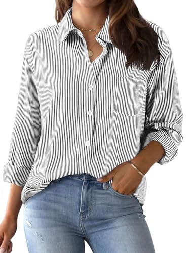 Xnova Bluse Damen Langarm Gestreifte, V Ausschnitt Button Down Hemd Oberteile Tops Baumwolle Streifenbluse, Elegante Hemdbluse Blusenshirt Casual Büro Basic Shirt Business Outfit (Schwarz, XXL) von Xnova