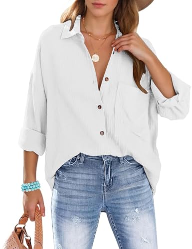 Xnova Bluse Damen Oversize Oberteile Hemd, Langarmshirt Baumwolle Hemden Blusen mit Knöpfen, Lässige Einfarbig Hemdbluse Tops V-Ausschnitt Strandhemd Blouses (Beige, L) von Xnova