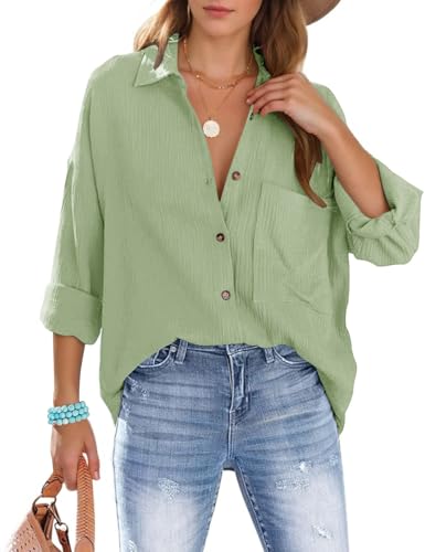 Xnova Bluse Damen Oversize Oberteile Hemd, Langarmshirt Baumwolle Hemden Blusen mit Knöpfen, Lässige Einfarbig Hemdbluse Tops V-Ausschnitt Strandhemd Blouses (Grün, XXL) von Xnova