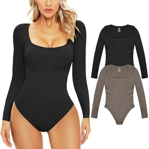 Xnova Body Damen Bodysuit Women Langarm U-Ausschnitt Elegant Dehnbarer Knit Stretch Shapewear Damen Oberteil Tops Urlaub Partys, 2PC Nero + Grigio, S von Xnova