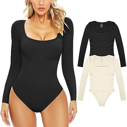 Xnova Body Damen Bodysuit Women Langarm U-Ausschnitt Elegant Dehnbarer Knit Stretch Shapewear Damen Oberteil Tops Urlaub Partys, 2PC Schwarz + Weiß, M von Xnova
