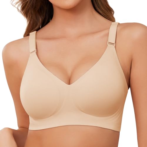 Xnova Damen BH Ohne Bügel Bequemer, Nahtloser V-Ausschnitt Bralette T-Shirt Schlaf Minimizer BHS Breite Träger, Seamless Bra mit Zusätzlicher BH-Verlängerung (Beige, L) von Xnova