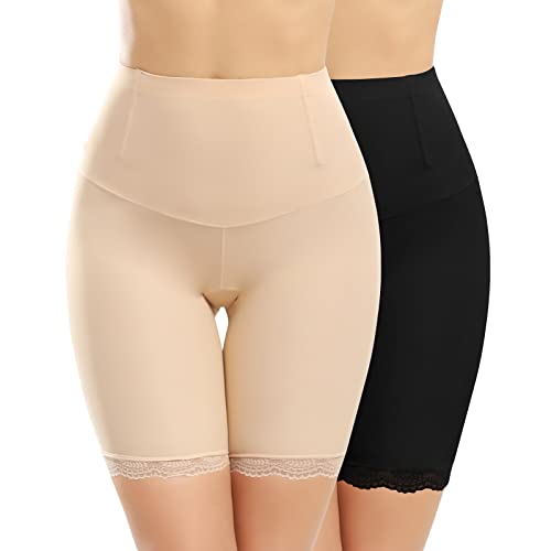 Xnova Damen Bauchweg Unterhose Miederpants Miederhose Shapewear, Anti-Chafing Spitzen Shorts Hipster Panty, Unter Rock Kurz Hose Blickdicht (2 Stück schwarz, hautfarben, XL) von Xnova