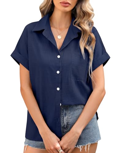 Xnova Damen Bluse Sommer Baumwolle Kurzarm Hemd Oberteile Elegant Musselin Blusen Hemdbluse V-Ausschnitt Tops Casual Shirts, Marineblau, S von Xnova
