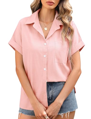 Xnova Damen Bluse Sommer Baumwolle Kurzarm Hemd Oberteile Elegant Musselin Blusen Hemdbluse V-Ausschnitt Tops Casual Shirts, Rosa, L von Xnova