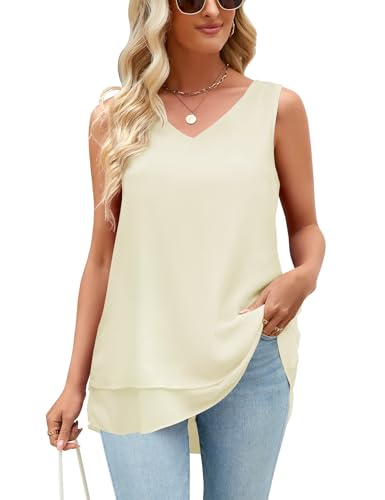Xnova Damen Blusen Chiffon Ärmellose Sommer, Tank Tops Flowy V-Ausschnitt, Cami Business Casual Blusentop Oberteile Locker (Beige, S) von Xnova