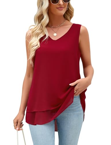 Xnova Damen Blusen Chiffon Ärmellose Sommer, Tank Tops Flowy V-Ausschnitt, Cami Business Casual Blusentop Oberteile Locker (Rot, L) von Xnova
