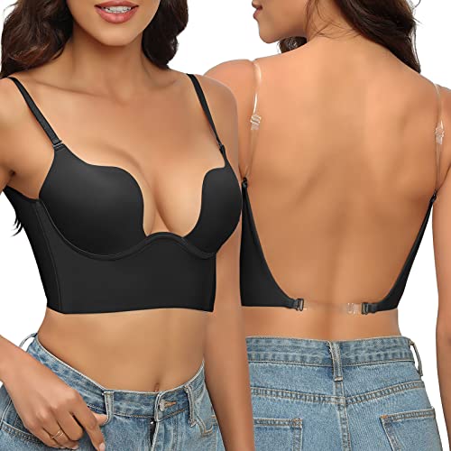 Xnova Damen Deep U BH Push Up, Rückenfreier BHS Unterwäsche Abnehmbar Wandelbarer Durchsichtigem Träger, Multiway Plunge Bra (A, Schwarz, 36) von Xnova