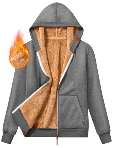 Xnova Damen Hooded Sweatjacke mit Reißverschluss Herbst Winter, Basic Zip Hoodie Langarm mit Fleece-Futter Warme, Casual Kapuze Jacke Teddyfleece Hoody Sweatshirt Oberteile Pullover (Dunkelgrau, L) von Xnova