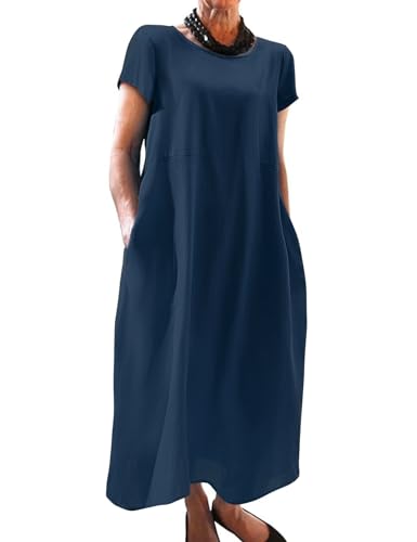 Xnova Damen Leinenkleider Kurzarm Leicht, Rundhalsausschnitt Freizeitkleid mit Taschen, Boho Kleid Langes Strandkleider Sommer (Blau, L) von Xnova