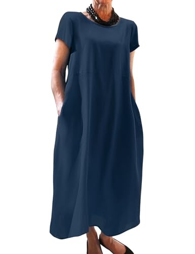 Xnova Damen Leinenkleider Kurzarm Leicht, Rundhalsausschnitt Freizeitkleid mit Taschen, Boho Kleid Langes Strandkleider Sommer (Blau, M) von Xnova