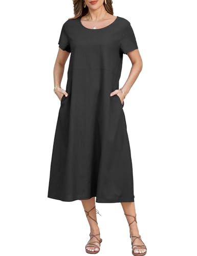 Xnova Damen Leinenkleider Kurzarm Leicht, Rundhalsausschnitt Freizeitkleid mit Taschen, Boho Kleid Langes Strandkleider Sommer (Schwarz, XL) von Xnova