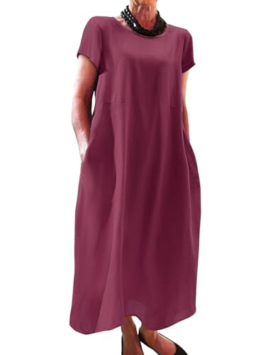 Xnova Damen Leinenkleider Kurzarm Leicht, Rundhalsausschnitt Freizeitkleid mit Taschen, Boho Kleid Langes Strandkleider Sommer (Violett, L) von Xnova