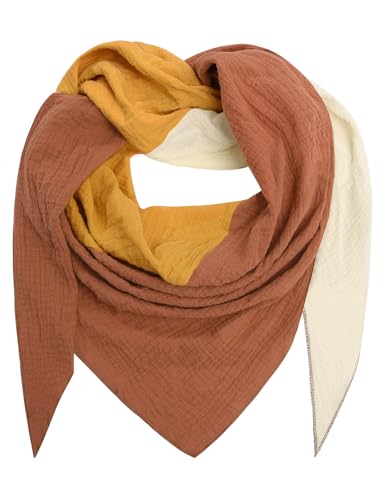 Xnova Damen Musselin Schal Dreieckstuch Baumwolle Weiches und Leichtes, Strickschal Dreieck Halstuch viele Farbkombinationen Poncho Schultertuch Deckenschal 200 * 120cm (Ziegelrot-Gelb-Beige) von Xnova