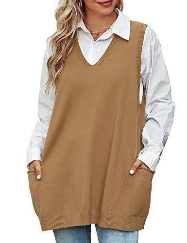 Xnova Damen Pullunder Oversize V-Ausschnitt, Stricken Weste Pullover ärmellose, Strickpullover Ärmellos Lang Strickweste, Freizeit Sweater Vest Herbst Winter (Khaki, XL) von Xnova