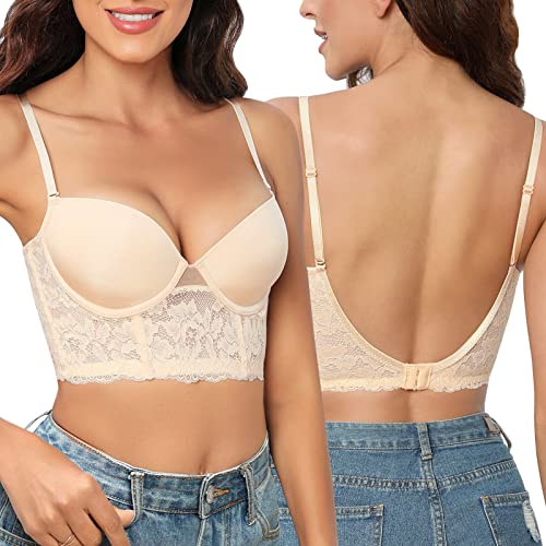 Xnova Damen Rückenfreier BH U-förmiger Rücken mit Floralem Spitzenrand, Multiway Plunge BHS mit Bügel Bra Unsichtbar Ungepolstert Bralette Dünner Bras (A, Beige, 34) von Xnova