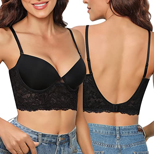 Xnova Damen Rückenfreier BH U-förmiger Rücken mit Floralem Spitzenrand, Multiway Plunge BHS mit Bügel Bra Unsichtbar Ungepolstert Bralette Dünner Bras (A, Schwarz, 36) von Xnova