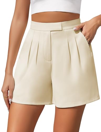 Xnova Damen Shorts Dressy Casual für Sommer, Weite Beinhose Zurück Elastische Taille, High Waist Kurze Hose mit Reißverschluss (Beige, L) von Xnova