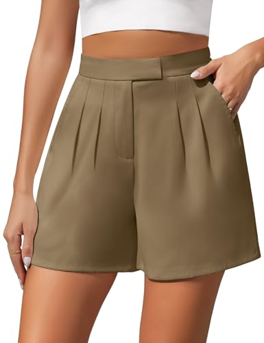 Xnova Damen Shorts Dressy Casual für Sommer, Weite Beinhose Zurück Elastische Taille, High Waist Kurze Hose mit Reißverschluss (Khaki, L) von Xnova