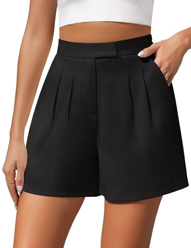 Xnova Damen Shorts Dressy Casual für Sommer, Weite Beinhose Zurück Elastische Taille, High Waist Kurze Hose mit Reißverschluss (Schwarz, L) von Xnova