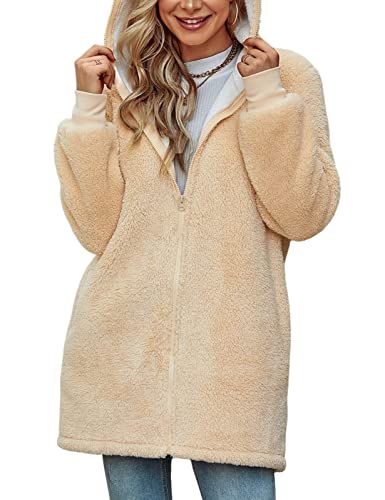 Xnova Damen Teddy-Fleece Kapuzenpullover Mantel mit Reißverschluss, Oversized Hoodie Kapuzenjacke Lang Flauschige Zip Sweatjacke Warme Slouchy Winter Kapuzenpulli mit Taschen (Aprikose, M) von Xnova