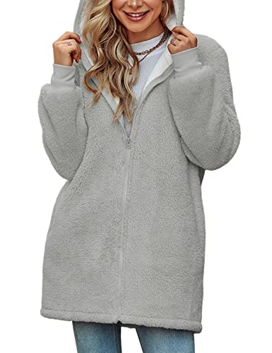 Xnova Damen Teddy-Fleece Kapuzenpullover Mantel mit Reißverschluss, Oversized Hoodie Kapuzenjacke Lang Flauschige Zip Sweatjacke Warme Slouchy Winter Kapuzenpulli mit Taschen (Grau, L) von Xnova