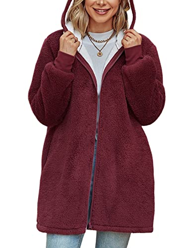 Xnova Damen Teddy-Fleece Kapuzenpullover Mantel mit Reißverschluss, Oversized Hoodie Kapuzenjacke Lang Flauschige Zip Sweatjacke Warme Slouchy Winter Kapuzenpulli mit Taschen (Rotwein, M) von Xnova