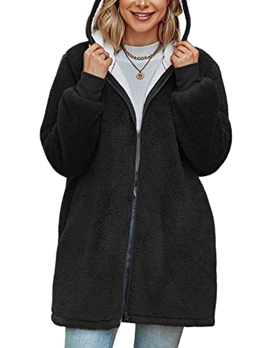 Xnova Damen Teddy-Fleece Kapuzenpullover Mantel mit Reißverschluss, Oversized Hoodie Kapuzenjacke Lang Flauschige Zip Sweatjacke Warme Slouchy Winter Kapuzenpulli mit Taschen (Schwarz, L) von Xnova
