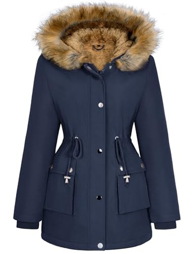 Xnova Damen Wintermantel Parka Fleece Gefüttert Warm mit Fellkapuze, Wasserdicht Winterjacke Mittlere Länge mit Reißverschluss Knopfverschluss, Winddicht Outdoorjacke Mantel Draussen (Blau, L) von Xnova