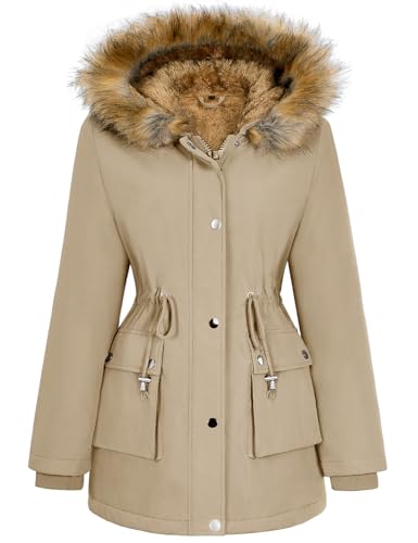 Xnova Damen Wintermantel Parka Fleece Gefüttert Warm mit Fellkapuze, Wasserdicht Winterjacke Mittlere Länge mit Reißverschluss Knopfverschluss, Winddicht Outdoorjacke Mantel Draussen (Khaki, M) von Xnova