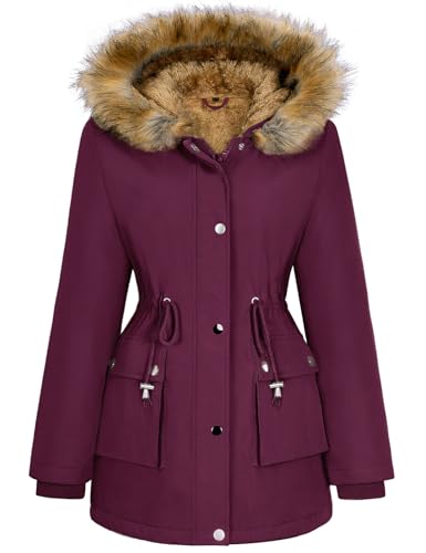 Xnova Damen Wintermantel Parka Fleece Gefüttert Warm mit Fellkapuze, Wasserdicht Winterjacke Mittlere Länge mit Reißverschluss Knopfverschluss, Winddicht Outdoorjacke Mantel Draussen (Rot, L) von Xnova