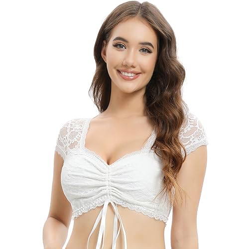 Xnova Dirndlbluse Spitze Trachtenbluse Damen Elegante Klassische Kurzarm Weiß für Bavarian Oktoberfest Tracht Bluse aus Spitze Themenpartys, C, XXL von Xnova