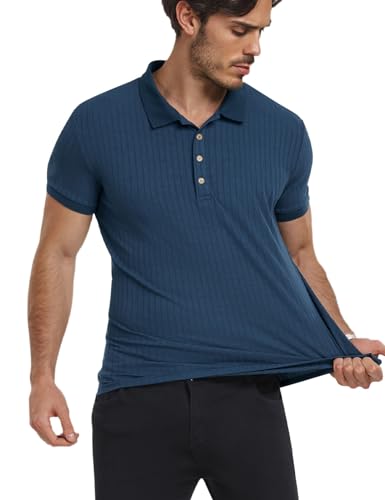 Xnova Herren Poloshirt Kurzarm Stretch, Elastisches Basic Knopfleiste T-Shirts Muskel, Atmungsaktives Sommerhemd Workout Business (Blau, L) von Xnova