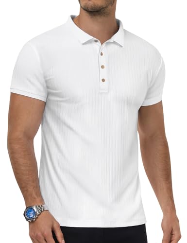 Xnova Herren Poloshirt Kurzarm Stretch, Elastisches Basic Knopfleiste T-Shirts Muskel, Atmungsaktives Sommerhemd Workout Business (Weiß, L) von Xnova