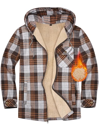 Xnova Herren Thermohemd Jacke Fleecefutter mit Kapuze, Casual Reißverschluss Karierte Mantel Langarm, Winterjacke Kapuzenpullover Flanellhemd Warm Holzfällerhemd Arbeitshemd Hoodie (Bronze, XXL) von Xnova
