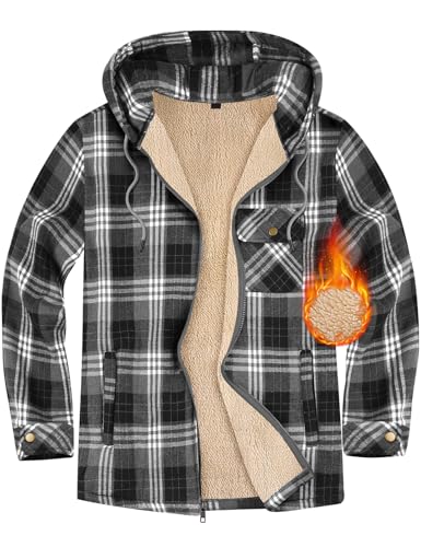 Xnova Herren Thermohemd Jacke Fleecefutter mit Kapuze, Casual Reißverschluss Karierte Mantel Langarm, Winterjacke Kapuzenpullover Flanellhemd Warm Holzfällerhemd Arbeitshemd Hoodie (Grau, L) von Xnova