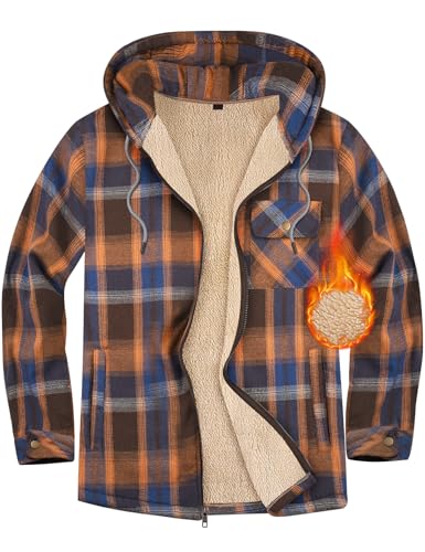 Xnova Herren Thermohemd Jacke Fleecefutter mit Kapuze, Casual Reißverschluss Karierte Mantel Langarm, Winterjacke Kapuzenpullover Flanellhemd Warm Holzfällerhemd Arbeitshemd Hoodie (Orange, XL) von Xnova