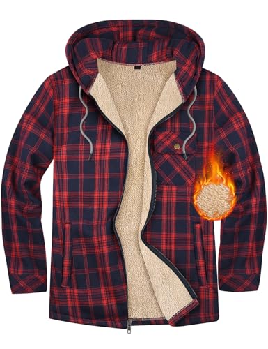 Xnova Herren Thermohemd Jacke Fleecefutter mit Kapuze, Casual Reißverschluss Karierte Mantel Langarm, Winterjacke Kapuzenpullover Flanellhemd Warm Holzfällerhemd Arbeitshemd Hoodie (Rot, XL) von Xnova