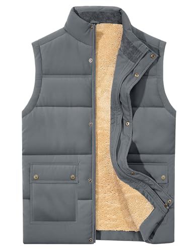 Xnova Herren Weste Gefüttert Winter Thermo Ärmellose Jacke Herrenmäntel Futter Fleeceweste Outdoor Warmer Multi Taschen Westen mit Stehkragen (Grau, L) von Xnova