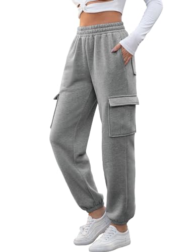 Xnova Hosen Damen Stretch Sweatpants High Waist Freizeithose mit 6 Taschen, Lang Cargo Jogginghose mit Gummizug Baggy Bequeme, Modische Elegant Cargohose Trousers Frauen Winter Herbst(Dunkelgrau, M) von Xnova