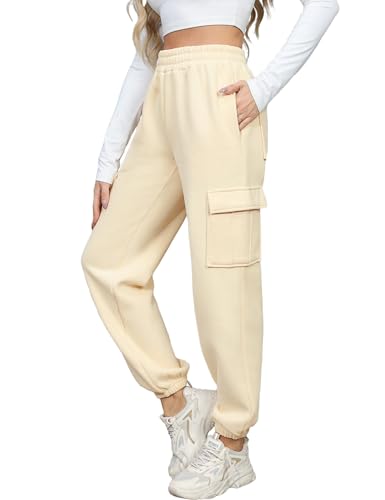 Xnova Hosen Damen Stretch Sweatpants High Waist Freizeithose mit 6 Taschen, Lang Cargo Jogginghose mit Gummizug Baggy Bequeme, Modische Elegant Cargohose Trousers für Frauen Winter Herbst (Beige, L) von Xnova