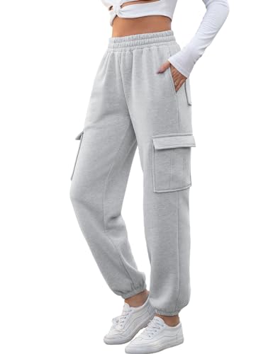 Xnova Hosen Damen Stretch Sweatpants High Waist Freizeithose mit 6 Taschen, Lang Cargo Jogginghose mit Gummizug Baggy Bequeme, Modische Elegant Cargohose Trousers für Frauen Winter Herbst (Grau, L) von Xnova
