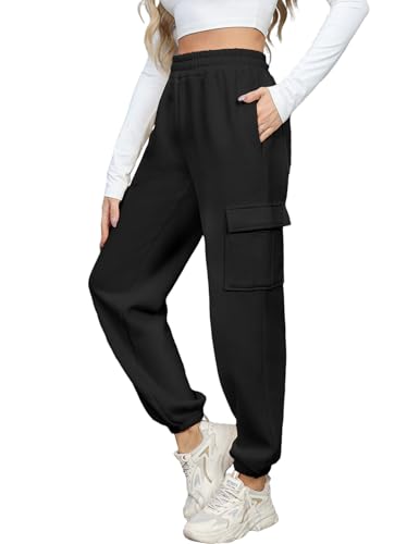 Xnova Hosen Damen Stretch Sweatpants High Waist Freizeithose mit 6 Taschen, Lang Cargo Jogginghose mit Gummizug Baggy Bequeme, Modische Elegant Cargohose Trousers für Frauen Winter Herbst (Schwarz, L) von Xnova