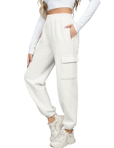 Xnova Hosen Damen Stretch Sweatpants High Waist Freizeithose mit 6 Taschen, Lang Cargo Jogginghose mit Gummizug Baggy Bequeme, Modische Elegant Cargohose Trousers für Frauen Winter Herbst (Weiß, S) von Xnova