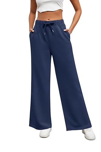 Xnova Hosen Damen mit Geradem Bein, Lounge Jogginghose Kordelzug Yogahose Breites Bein, Dehnbar Homewear Sporthose mit Taschen (Blau, M) von Xnova