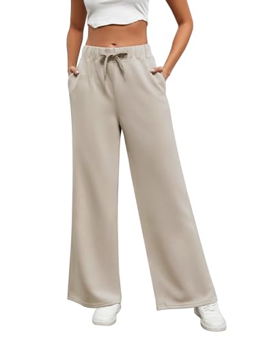 Xnova Hosen Damen mit Geradem Bein, Lounge Jogginghose Kordelzug Yogahose Breites Bein, Dehnbar Homewear Sporthose mit Taschen (Khaki, L) von Xnova