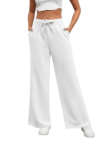 Xnova Hosen Damen mit Geradem Bein Yogahose, Lounge Jogginghose Kordelzug Breites Bein Freizeithose Hohe Taille, Bequem Viskose Hose Sweatpants Dehnbar Homewear Sporthose mit Taschen (Weiß, L) von Xnova